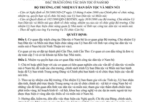 Quyết định 106/1998/QĐ-UBDTMN chức năng, nhiệm vụ, quyền hạn tổ chức bộ máy Cơ quan đặc trách công tác dân tộc ở Nam bộ