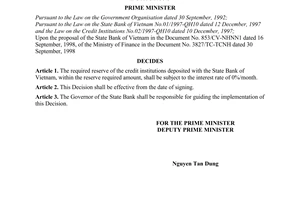 Decision No. 206/1998/QD-TTg of October 20, 1998, on the payment of interest on the required reserve of credit institutions