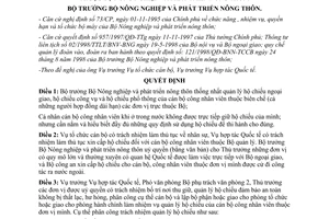 Quyết định 170/1998/QĐ-BNN/HTQT quản lý nhân sự và hộ chiếu của cán bộ