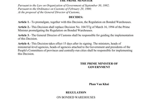 Decision No. 212/1998/QD-TTg of November 02, 1998 promulgating the regulation on bonded warehouses