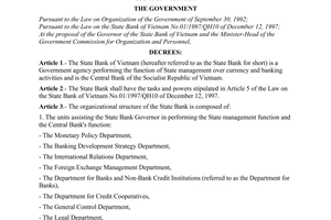 Decree of Government No. 88/1998/ND-CP of November 02, 1998 on the functions, powers and organizational structure of The State Bank of Vietnam