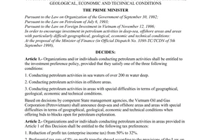 Decision No. 216/1998/QD-TTg of November 07, 1998 encouraging investment in petroleum activi-ties in deep sea, offshore areas and areas with particularly difficult geographical, geological, economic and technical conditions
