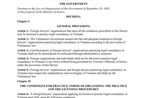Decree of Government No. 92/1998/ND-CP of November 10, 1998 on the legal consultancy practice by foreign Lawyers organizations in Vietnam