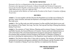 Decision No. 219/1998/QD-TTg of November 12, 1998 promulgating the regulation on Lao Bao area of Quang Tri province, where economic and trade development is encouraged