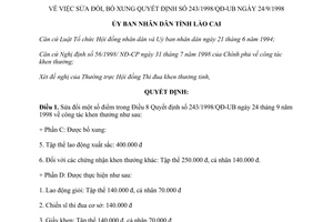 Quyết định 310/QĐ-UB năm 1998 sửa đổi bổ sung quyết định 243/1998/QĐ-UB Lào Cai