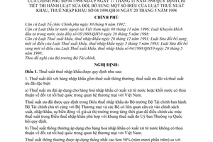 Nghị định 94/1998/NĐ-CP hướng dẫn thi hành Luật bổ sung Điều của Luật thuế xuất khẩu, thuế nhập khẩu 04/1998/QH10