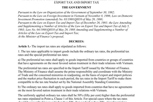 Decree of Government No. 94/1998/ND-CP of November 17, 1998 detailing the implementation of Law No. 4/1998/QH10 of May 20, 1998 amending and supplementing a number of articles of The Law On Export Tax And Import Tax