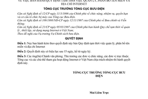 Quyết định 705/1998/QĐ-TCBĐ quy định quản lý, phân bổ tên miền và địa chỉ Internet