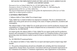 Circular No. 09/1998/TT-TCHQ of November 18, 1998 guiding the implementation of Government Decree No. 28/1998/ND-CP detailing the implementation of The Law On Value Added Tax on export and import goods