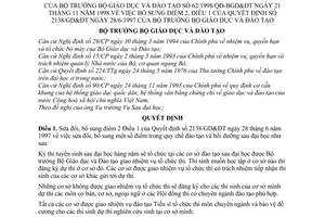 Quyết định  62/1998/QĐ-BGD&ĐT bổ sung điểm 2, Điều 1 của Quyết định 2138/GD&ĐT năm1997