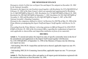 Decision No. 1672/1998/QD-BTC of November 24, 1998 amending import tax rates of a number of commodity items in the import tariff