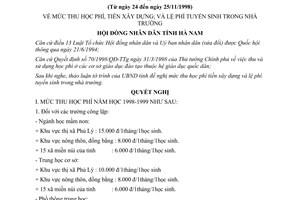 Nghị quyết 05/1998/NQ-HĐND mức thu học phí tiền xây dựng lệ phí tuyển sinh Hà Nam