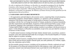 Circular No. 153/1998/TT-BTC of November 26, 1998, providing guidelines for implementation of Decree 68/1998/ND-CP of the Government dated 3 September 1998 making detailed provisions for implementation of the Ordinance on royalties (as amended).