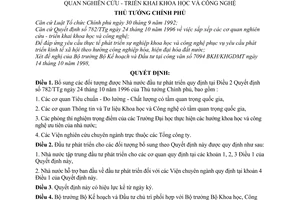 Quyết định 229/1998/QĐ-TTg  sắp xếp các cơ quan nghiên cứu - triển khai khoa học công nghệ bổ sung Quyết định 782/TTg