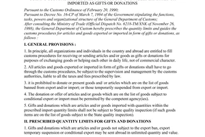 Circular No.11/1998/TT-TCHQ of December 01, 1998 guiding customs procedures for goods and articles exported or imported as gifts or donations