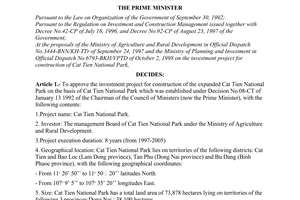 Decision No.1090/QD-TTg, approving the investment project for construction of Cat Tien national park, promulgated by the Prime Minister of Government