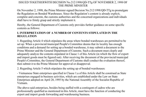 Circular No. 12/1998/TT-TCHQ of December 10, 1998 guiding the implementation of the bonded warehouse regulation issued togetherwith Decision No.212/1998/QD-TTg of November 2, 1998 of The Prime Minister