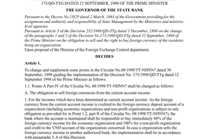 Decision No. 418/1998/QD-NHNN7 of December 11, 1998, on the change, supplement of some points in Circular 08/1998/TT-NHNN7 dated 30 September, 1998 guiding the implementation of Decision 173/QD-TTG dated 12 September, 1998 of the Prime Minister