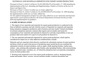 Circular No. 13/1998/TT-TCHQ of December 14, 1998 guiding the management of import tax and value added tax on raw materials and materials imported for export goods production