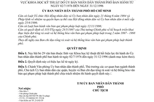 Quyết định 6700/QĐ-UB-NC bãi bỏ văn bản pháp luật hết hiệu lực lĩnh vực khoa học kỹ thuật do UBND thành phố ban hành từ 02/7/1976 đến 31/12/1996