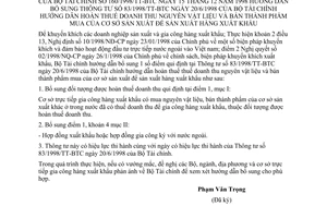 Thông tư 160/1998/TT-BTC hoàn thuế doanh thu nguyên vật liệu bán thành phẩm cơ sở sản xuất hàng xuất khẩu bổ sung Thông tư 83/1998/TT-BTC