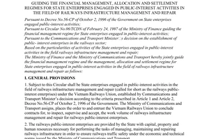 Joint circular No.161/1998/TC-GTVT of December 16, 1998 guiding the financial management, allocation and settlement regimes for state enterprises engaged in public-interest activities in the field of railways infrastructure management and repair