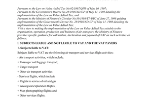 Circular No. 163/1998/TT-BTC of December 25, 1998, guiding the implementation of the law on value added tax regarding air transport and service flight activities