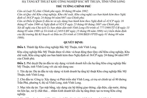 Quyết định 1126/QĐ-TTg thành lập phê duyệt Dự án đầu tư xây dựng kinh doanh hạ tầng kỹ thuật Khu công nghiệp Bắc Mỹ Thuận, tỉnh Vĩnh Long