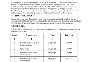 Circular No. 166/1998/TT-BTC of December 19, 1998 guiding the regime of collection of fees on registration of copyright