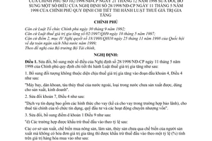 Nghị định 102/1998/NĐ-CP Luật thuế giá trị gia tăng để bổ sung Nghị định 28/1998/NĐ-CP