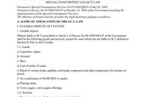 Circular No. 168/1998/TT-BTC of December 21, 1998, guiding the implementation of Decree No.84/1998/ND-CP of october 12, 1998 of the Government detailing the implementation of the special consumption tax (SCT) law