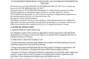 Circular No. 169/1998/TT-BTC of December 22, 1998, providing guidance on taxes applicable to foreign organisations and individuals doing business in Vietnam, which are not subjected to investment forms regulated in the law on foreign investment in Vietnam