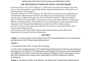 Decision No. 3525/1998/QD-BGTVT of December 23, 1998 to issue the provisional regulation on the organization and operations of The Vietnam Road Administration