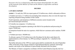 Decision No.250/1998/QD-TTg, on the management of rice export and fertilizer import in 1999, promulgated by the Prime Minister of Government