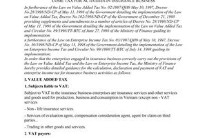 Circular No. 174/1998/TT-BTC of December 24, 1998, guiding the application of the value added tax and the enterprise in come tax for activities in insurance business