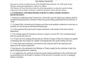 Circular No. 21/1998/TT-BTM of December 24, 1998 guiding the implementation of the regulation on duty-free shops issued together with Decision No. 205/1998/QD-TTG of October 19, 1998 of The Prime Minister