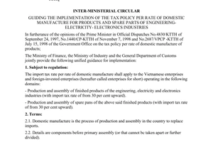 Joint circular No. 176/1998/TTLT-BTC-BCN-TCHQ of December 25, 1998 guiding the implementation of the tax policy per rate of domestic manufacture for products and spare parts of engineering-electricity- electronics industries