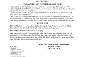 Quyết định 7013/1998/QĐ-UB-KT phê chuẩn, ban hành Điều lệ khu công nghiệp Hiệp Phước xã Long Thới và Hiệp Phước, huyện Nhà Bè, TP HCM