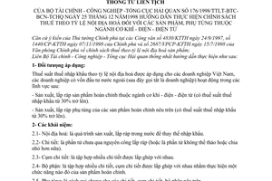 Thông tư liên tịch 176/1998/TTLT/BTC-BCN-TCHQ thực hiện chính sách thuế tỷ lệ nội địa hoá sản phẩm, phụ tùng ngành cơ khí - điện - điện tử