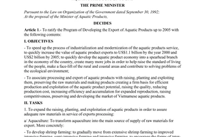 Decision No.251/1998/QD-TTg, on the ratification of the program of developing the export of aquatic products up to 2005, promulgated by the Prime Minister of Government