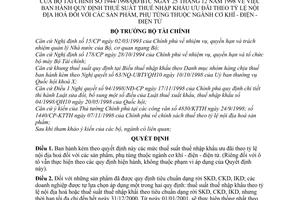 Quyết định 1944/1998/QĐ-BTC thuế suất thuế nhập khẩu ưu đãi theo tỷ lệ nội địa hoá sản phẩm, phụ tùng ngành cơ khí điện tử