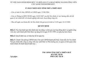 Quyết định 2714/QĐ-UB đơn giá hoạt động công viên cây xanh Huế