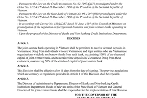 Decision No. 415/1998/QD-NH5 of December 08, 1998, on amendment of the scope of operations of joint-venture bank in Vietnam.