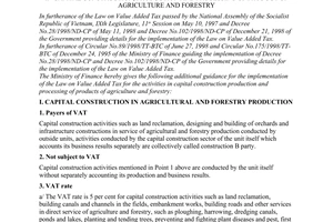 Circular No.187/1998/TT-BTC of December 29, 1998 providing additional guidance on value added tax for the activities in capital construction, production and processing of product of agriculture and forestry