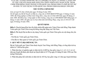 Quyết định  253/1998/QĐ-TTg  chuyển khu bảo tồn thiên nhiên đất ngập nước Tràm Chim Đồng Tháp thành vườn quốc gia Tràm Chim phê duyệt dự án 1999-2003