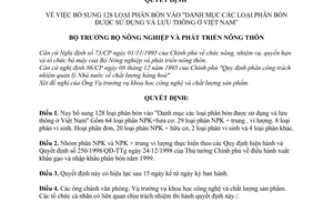 Quyết định 219/1998/QĐ-BNN/KHCN  bổ sung 128 loại phân bón vào Danh mục phân bón được sử dụng lưu thông ở Việt Nam