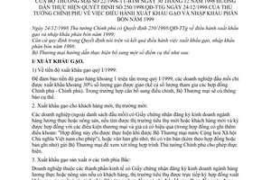 Thông tư 22/1998-TT-BTM điều hành xuất khẩu gạo nhập khẩu phân bón năm 1999 hướng dẫn Quyết định 250/1998/QĐ-TTg