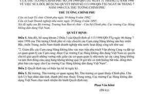 Quyết định 258/1998/QĐ-TTg  chuyển Cụm cảng Hàng không sân bay miền Bắc,Trung, Nam thành doanh nghiệp nhà nước công ích sửa đổi QĐ113/1998/QD-ttg