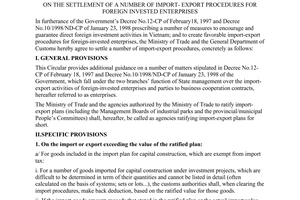 Joint circular No. 23/1998/TTLT-BTM-TCHQ of December 31, 1998 on the settlement of a number of import- export procedures for foreign invested enterprises