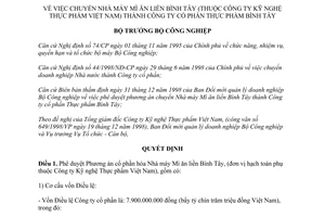 Quyết định 87/1998/QĐ-BCN chuyển Nhà máy Mì ăn liền Bình Tây thành công ty cổ phần